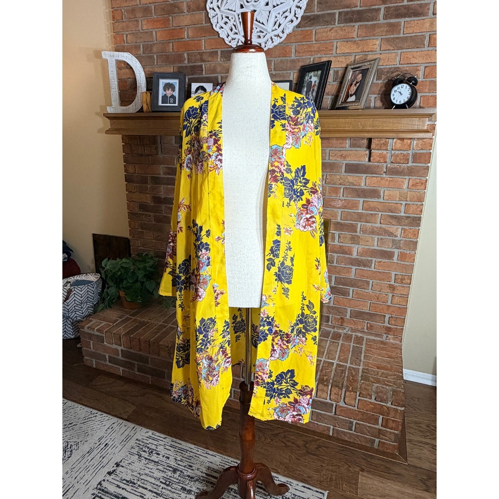 Jorja Floral Duster Kimono Women Yellow Open Front Long Sleeve Large